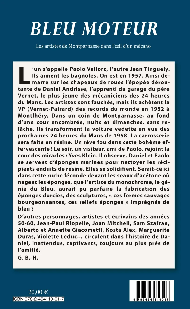 Quatrième de couverture de Bleu Moteur de Geneviève Besse-Houdent