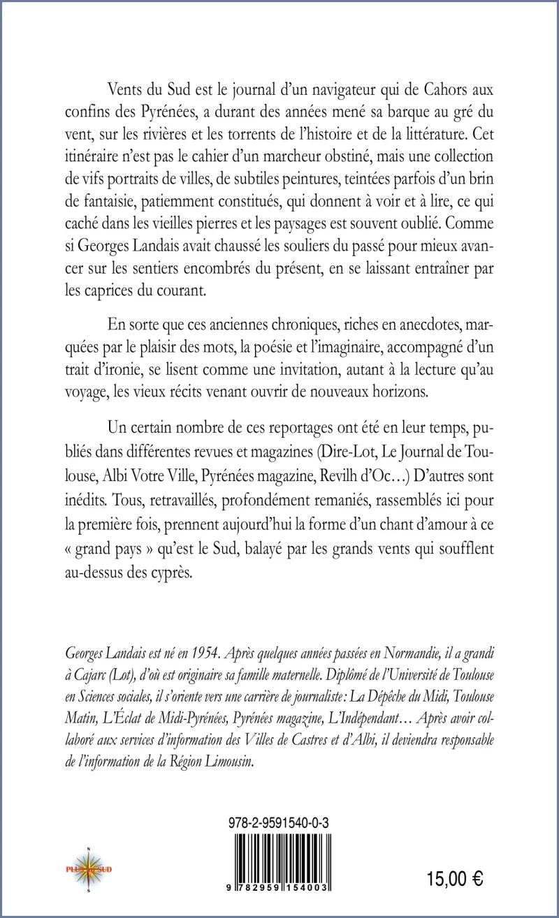 Quatrième de couverture de Vents du Sud de Georges Landais